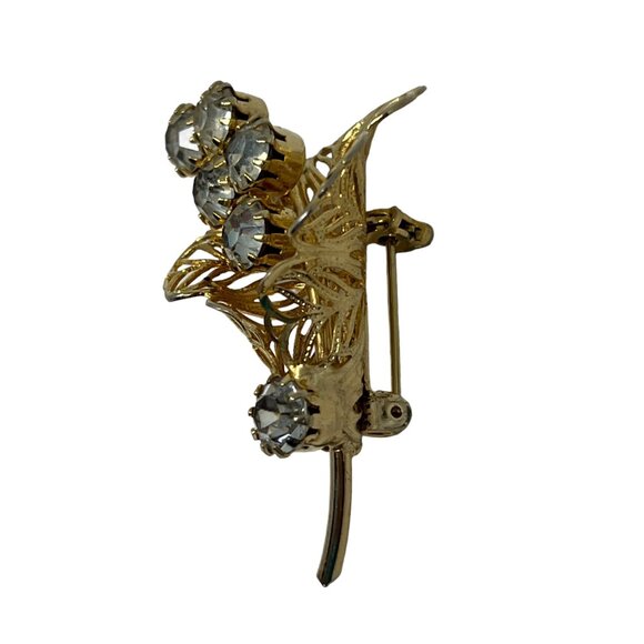 Floral Rhinestone Brooch Yellow Tone Calla Lilly‎ Flower Vintage Pin - Picture 2 of 7